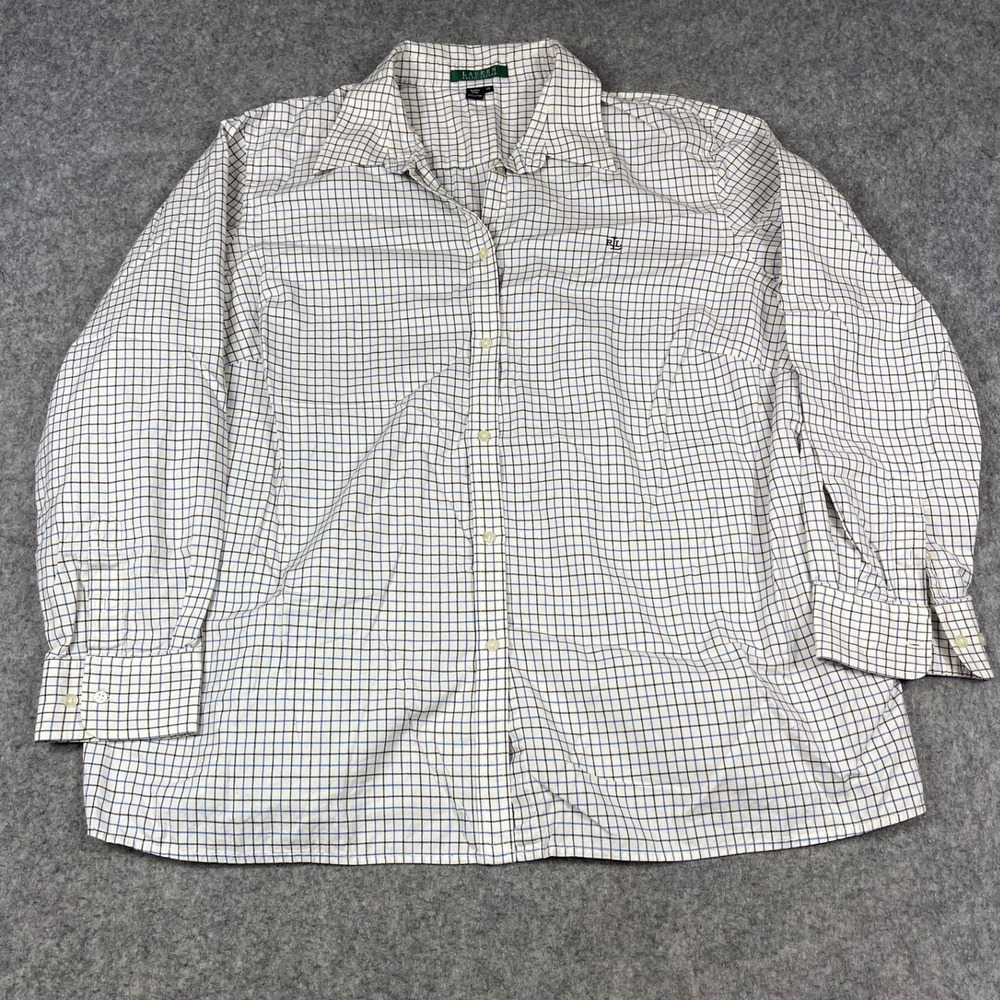Lauren Ralph Lauren Tattersall Check Button Down Shirt Women's 2X White Cotton